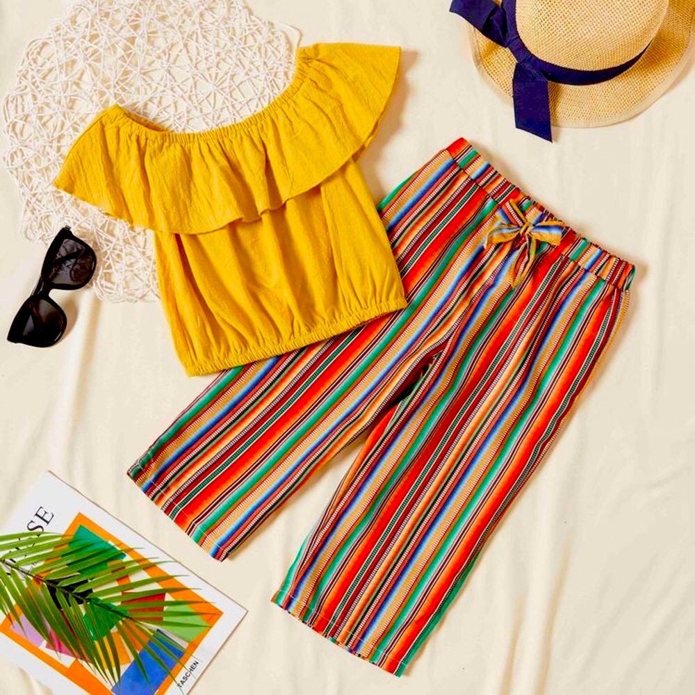 Solid Flounced Collar Top and Striped Pants Set